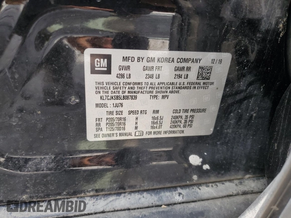 2020 Chevrolet Trax LS with VIN KL7CJKSB5LB087839, listed as a Copart auction lot 54225605 with 114,619 mi miles and Salvage title. Bid and sale history available at DreamBid. Image 12.