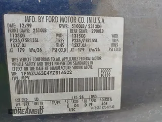2000 Ford Explorer XLT с VIN 1FMZU63E4YZB16522, выставлен на аукционе IAAI как лот 41104271 с пробегом 259 369 миль миль и . История ставок и продаж доступна на DreamBid. Изображение 9.