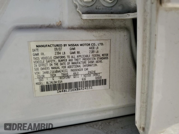2008 Nissan Altima 3.5 SE with VIN 1N4BL21EX8N424151, listed as a Copart auction lot 49699515 with 85,249 mi miles and Salvage Title. Bid and sale history available at carsss.com. Image 12.