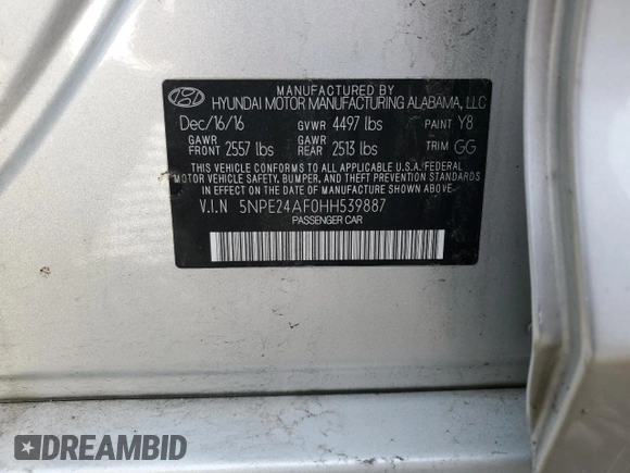 2017 Hyundai Sonata 2.4L with VIN 5NPE24AF0HH539887, listed as a Copart auction lot 50719265 with 56,849 mi miles and Salvage Title. Bid and sale history available at carsss.com. Image 14.