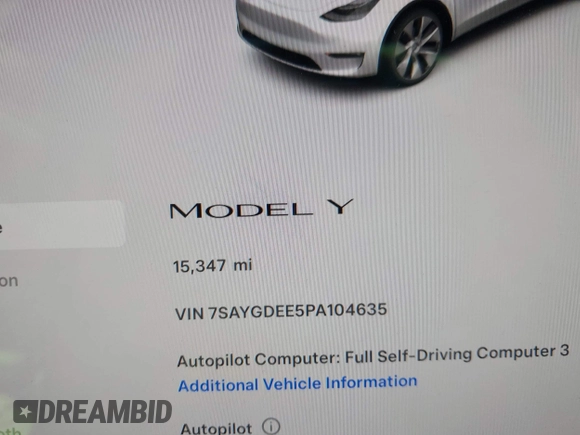 2023 Tesla Model Y Long Range z VIN 7SAYGDEE5PA104635, wystawiony jako IAAI lot #41989014 z przebiegiem 15 347 mil mil oraz . Historia ofert i sprzedaży dostępna na DreamBid. Obrazek 15.
