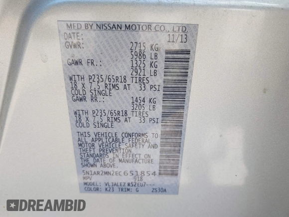 2014 Nissan Pathfinder Platinum with VIN 5N1AR2MN2EC651854, listed as a IAAI auction lot 41809451 with 185,183 mi miles and . Bid and sale history available at DreamBid. Image 9.
