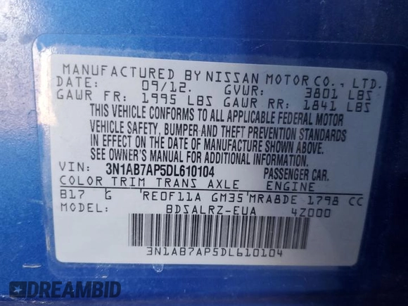 2013 Nissan Sentra SR with VIN 3N1AB7AP5DL610104, listed as a Copart auction lot 50370395 with 95,986 mi miles and Salvage Title. Bid and sale history available at DreamBid. Image 14.