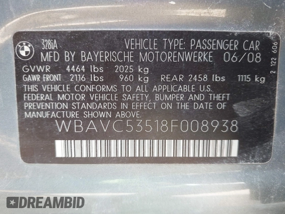 2008 BMW 3 Series 328i with VIN WBAVC53518F008938, listed as a IAAI auction lot 42150683 with 129,989 mi miles. Bid and sale history available at carsss.com. Image 9.
