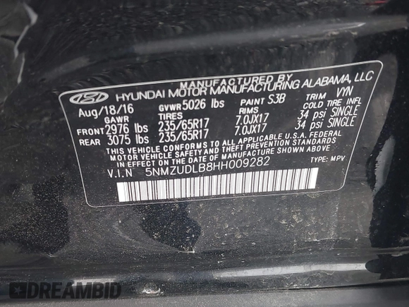 2017 Hyundai Santa Fe 2.4L with VIN 5NMZUDLB8HH009282, listed as a IAAI auction lot 42512122 with 81,744 mi miles and . Bid and sale history available at DreamBid. Image 9.