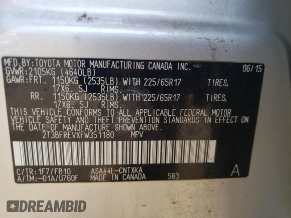 2015 Toyota RAV4 LE with VIN 2T3BFREVXFW351180, listed as a Copart auction lot 55251495 with 109,048 mi miles and Salvage Title. Bid and sale history available at carsss.com. Image 13.
