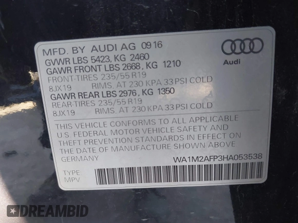 2017 Audi Q5 Premium Plus z VIN WA1M2AFP3HA053538, wystawiony jako IAAI lot #41866353 z przebiegiem 98 727 mil mil oraz . Historia ofert i sprzedaży dostępna na DreamBid. Obrazek 9.