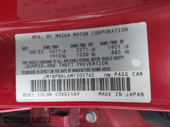2021 Mazda 3 with VIN JM1BPBDL6M1305765, listed as a IAAI auction lot 42063684 with 61,011 mi miles and . Bid and sale history available at DreamBid. Image 9.