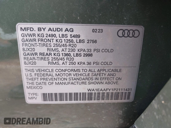 2023 Audi Q5 S line Premium Plus with VIN WA1EAAFY1P2111431, listed as a IAAI auction lot 42355144 with 43,498 mi miles and . Bid and sale history available at DreamBid. Image 9.