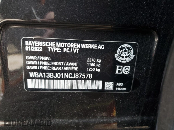 2022 BMW 5 Series 530i xDrive with VIN WBA13BJ01NCJ87578, listed as a Copart auction lot 85685994 with 33,814 mi miles and Salvage Title. Bid and sale history available at carsss.com. Image 12.