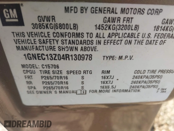 2004 Chevrolet Tahoe LT z VIN 1GNEC13Z04R130978, wystawiony jako IAAI lot #42073871 z przebiegiem 214 947 mil mil oraz . Historia ofert i sprzedaży dostępna na DreamBid. Obrazek 9.