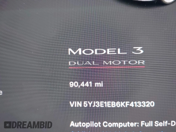 2019 Tesla Model 3 Long Range with VIN 5YJ3E1EB6KF413320, listed as a IAAI auction lot 41760428 with 90,441 mi miles and . Bid and sale history available at DreamBid. Image 14.