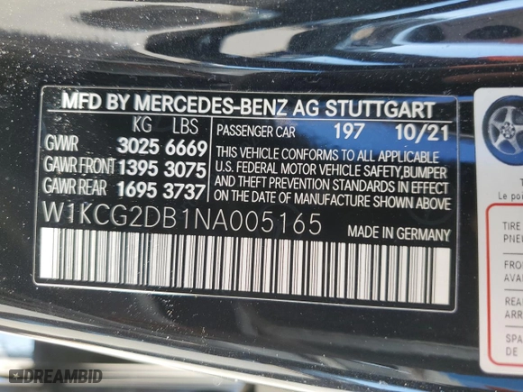 2022 Mercedes-Benz EQS with VIN W1KCG2DB1NA005165, listed as a Copart auction lot 89019935 with NaN miles and Salvage Title. Bid and sale history available at carsss.com. Image 12.