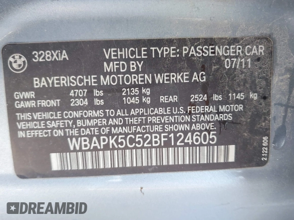 2011 BMW 3 Series 328i xDrive z VIN WBAPK5C52BF124605, wystawiony jako IAAI lot #41585190 z przebiegiem 108 000 mil mil oraz . Historia ofert i sprzedaży dostępna na DreamBid. Obrazek 9.