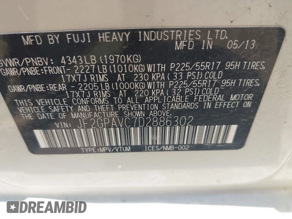 2013 Subaru Crosstrek Premium with VIN JF2GPAVC7D2886302, listed as a IAAI auction lot 42563472 with 129,098 mi miles and . Bid and sale history available at DreamBid. Image 9.