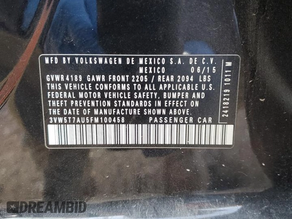 2015 Volkswagen GTI S z VIN 3VW5T7AU5FM100458, wystawiony jako Copart lot #77452564 z przebiegiem Nie podano mil oraz Szkoda całkowita • Salvage title. Historia ofert i sprzedaży dostępna na DreamBid. Obrazek 14.