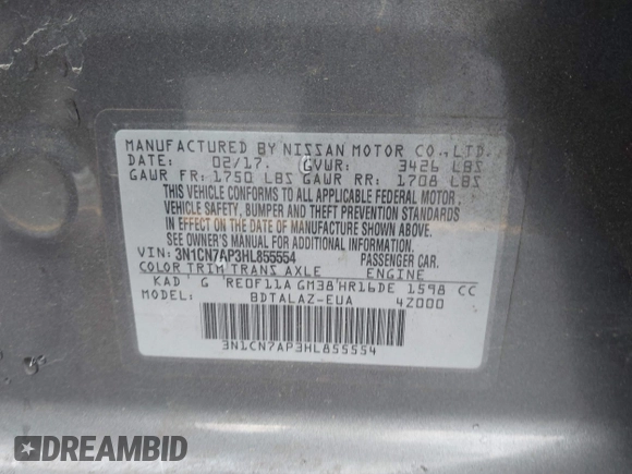 2017 Nissan Versa SV z VIN 3N1CN7AP3HL855554, wystawiony jako IAAI lot #42006848 z przebiegiem 155 485 mil mil oraz . Historia ofert i sprzedaży dostępna na DreamBid. Obrazek 9.