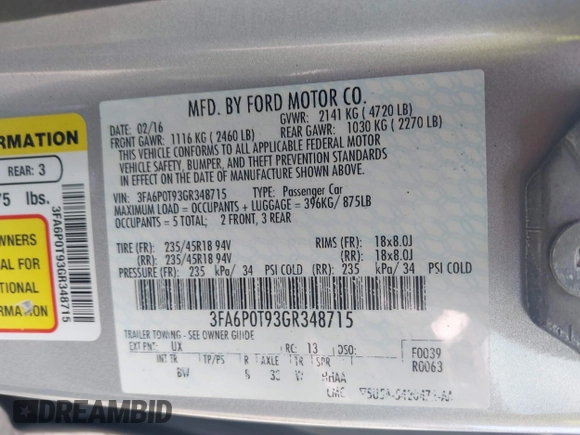 2016 Ford Fusion SE with VIN 3FA6P0T93GR348715, listed as a IAAI auction lot 41810962 with 102,782 mi miles. Bid and sale history available at carsss.com. Image 9.