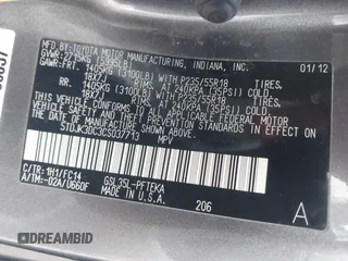 2012 Toyota Sienna LE with VIN 5TDJK3DC3CS037713, listed as a IAAI auction lot 42703815 with 208,000 mi miles and . Bid and sale history available at DreamBid. Image 9.