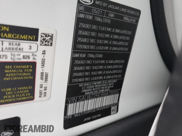 2022 Land Rover Range Rover Sport SVR with VIN SALWZ2RE8NA799997, listed as a Copart auction lot 38238204 with Not Provided miles and Salvage Title. Bid and sale history available at DreamBid. Image 13.