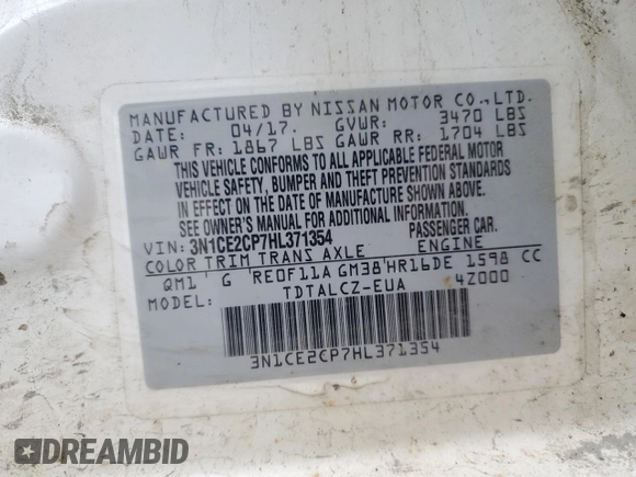 2017 Nissan Note SL with VIN 3N1CE2CP7HL371354, listed as a Copart auction lot 57996905 with 170,418 mi miles and Clean title. Bid and sale history available at DreamBid. Image 13.