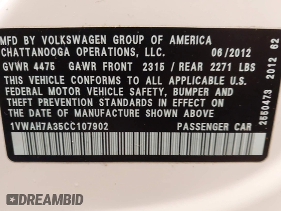 2012 Volkswagen Passat S with VIN 1VWAH7A35CC107902, listed as a IAAI auction lot 41243434 with 158,889 mi miles and . Bid and sale history available at DreamBid. Image 9.