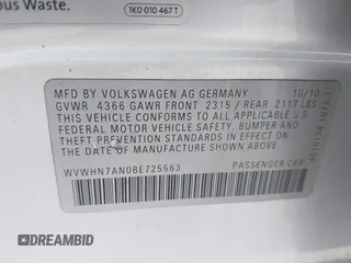 2011 Volkswagen CC Lux with VIN WVWHN7AN0BE725563, listed as a IAAI auction lot 40748808 with 136,091 mi miles and . Bid and sale history available at DreamBid. Image 9.