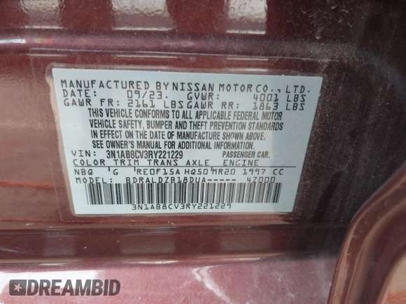 2024 Nissan Sentra SV with VIN 3N1AB8CV3RY221229, listed as a IAAI auction lot 42666353 with 43,574 mi miles and . Bid and sale history available at DreamBid. Image 9.