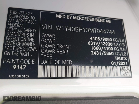 2021 Mercedes-Benz Sprinter Cargo Cargo with VIN W1Y40BHY3MT044744, listed as a IAAI auction lot 41865979 with 139,836 mi miles and . Bid and sale history available at DreamBid. Image 9.