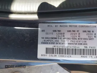 2016 Mazda 6 i Sport with VIN JM1GJ1U54G1413244, listed as a IAAI auction lot 42062416 with 148,970 mi miles and . Bid and sale history available at DreamBid. Image 9.
