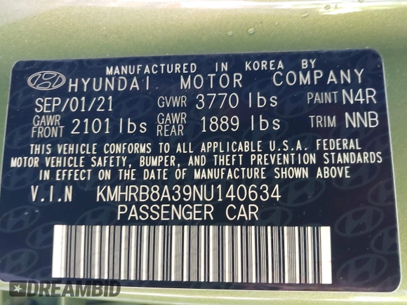 2022 Hyundai Venue SE with VIN KMHRB8A39NU140634, listed as a IAAI auction lot 38247791 with 31,622 mi miles and . Bid and sale history available at DreamBid. Image 9.