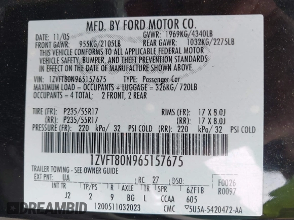 2006 Ford Mustang Standard with VIN 1ZVFT80N965157675, listed as a IAAI auction lot 42472331 with 153,220 mi miles and . Bid and sale history available at DreamBid. Image 9.