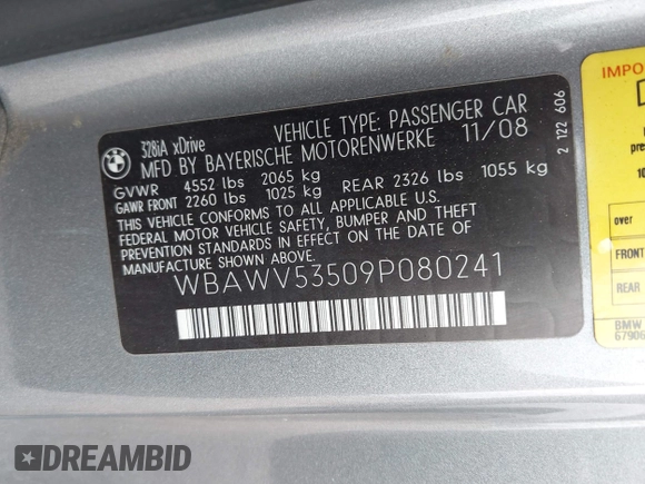 2009 BMW 3 Series 328i xDrive with VIN WBAWV53509P080241, listed as a IAAI auction lot 42176290 with 129,567 mi miles and . Bid and sale history available at carsss.com. Image 9.