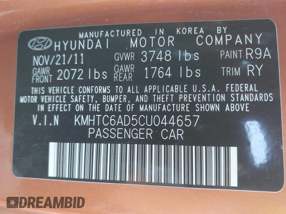 2012 Hyundai Veloster w/Black Int with VIN KMHTC6AD5CU044657, listed as a IAAI auction lot 41896892 with 115,846 mi miles and . Bid and sale history available at DreamBid. Image 9.