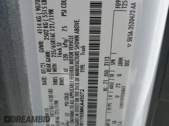 2021 Ford Transit Cargo z VIN 1FTBR1Y85MKA45072, wystawiony jako Copart lot #60415095 z przebiegiem 54 814 mil mil oraz Szkoda całkowita • Salvage title. Historia ofert i sprzedaży dostępna na DreamBid. Obrazek 13.
