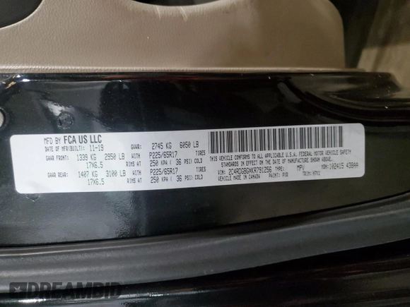 2019 Dodge Grand Caravan SE with VIN 2C4RDGBGXKR791256, listed as a Copart auction lot 53979975 with 69,541 mi miles and Clean Title. Bid and sale history available at DreamBid. Image 13.