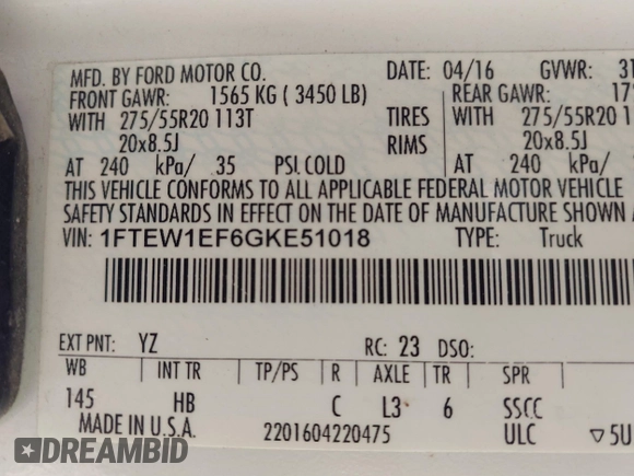 2016 Ford F-150 XLT with VIN 1FTEW1EF6GKE51018, listed as a IAAI auction lot 41856445 with 133,652 mi miles and . Bid and sale history available at DreamBid. Image 9.