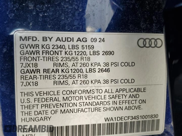 2025 Audi Q3 S line Premium z VIN WA1DECF34S1001830, wystawiony jako Copart lot #48467995 z przebiegiem 1 723 mil mil oraz Czysty tytuł • Clean title. Historia ofert i sprzedaży dostępna na DreamBid. Obrazek 13.