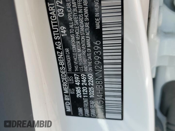 2022 Mercedes-Benz CLA 250 with VIN W1K5J4HB8NN299396, listed as a Copart auction lot 54053915 with 45,976 mi miles and Salvage Title. Bid and sale history available at DreamBid. Image 12.