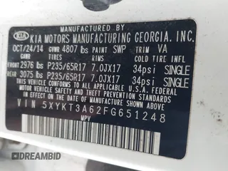 2015 Kia Sorento LX with VIN 5XYKT3A62FG651248, listed as a IAAI auction lot 42236436 with 186,601 mi miles and . Bid and sale history available at DreamBid. Image 9.