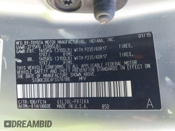 2015 Toyota Sienna LE AAS с VIN 5TDKK3DC4FS576186, выставлен на аукционе IAAI как лот 42372839 с пробегом 101 593 миль миль и . История ставок и продаж доступна на DreamBid. Изображение 9.