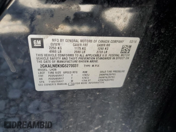 2016 GMC Terrain SLE with VIN 2GKALNEK9G6270031, listed as a Copart auction lot 57217635 with 159,499 mi miles and Clean title. Bid and sale history available at DreamBid. Image 14.