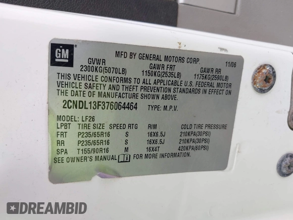 2007 Chevrolet Equinox LS with VIN 2CNDL13F376064464, listed as a IAAI auction lot 41924764 with 127,648 mi miles. Bid and sale history available at carsss.com. Image 9.