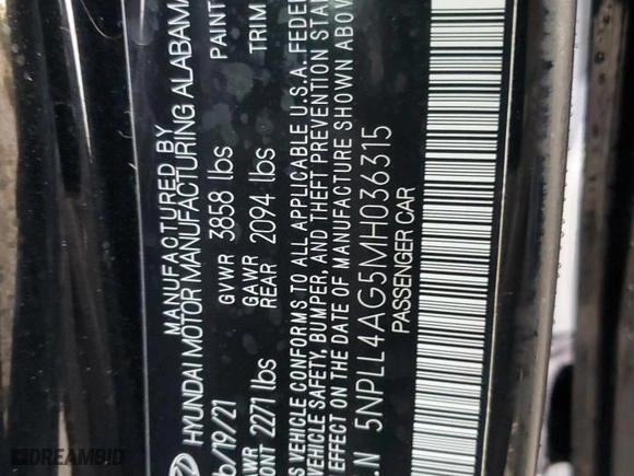 2021 Hyundai Elantra SE with VIN 5NPLL4AG5MH036315, listed as a Copart auction lot 78318714 with 35,426 mi miles and Non Repairable. Bid and sale history available at carsss.com. Image 14.