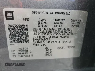 2020 Chevrolet Traverse LT Cloth with VIN 1GNEVGKW7LJ138528, listed as a Copart auction lot 60465095 with 84,996 mi miles and Clean title. Bid and sale history available at DreamBid. Image 13.