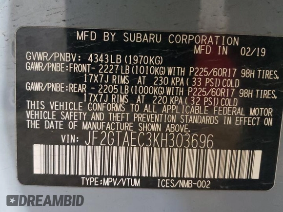 2019 Subaru Crosstrek Premium z VIN JF2GTAEC3KH303696, wystawiony jako Copart lot #59747415 z przebiegiem 84 117 mil mil oraz Szkoda całkowita • Salvage title. Historia ofert i sprzedaży dostępna na DreamBid. Obrazek 13.