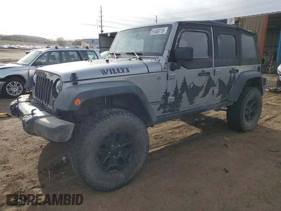 2015 Jeep Wrangler Unlimited Willys Wheeler with VIN 1C4BJWDG7FL690952, listed as a Copart auction lot 51493715 with 45,497 mi miles and Salvage Title. Bid and sale history available at DreamBid. Image 1.