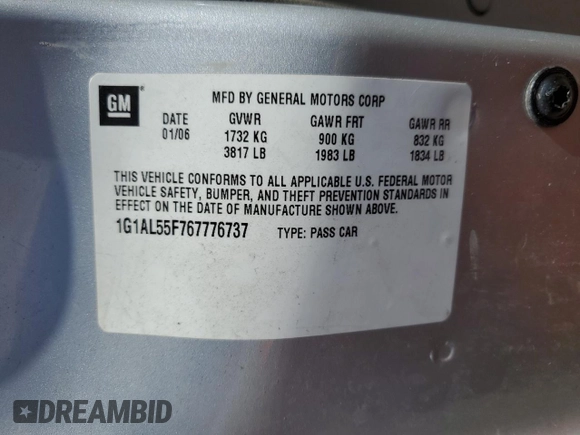 2006 Chevrolet Cobalt LT with VIN 1G1AL55F767776737, listed as a Copart auction lot 51816625 with 134,568 mi miles and Salvage Title. Bid and sale history available at DreamBid. Image 12.