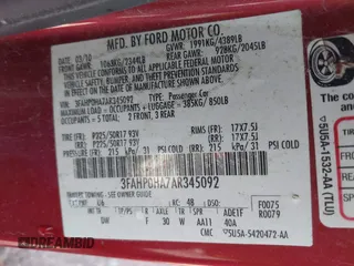 2010 Ford Fusion SE with VIN 3FAHP0HA7AR345092, listed as a IAAI auction lot 41910241 with 135,805 mi miles. Bid and sale history available at carsss.com. Image 9.