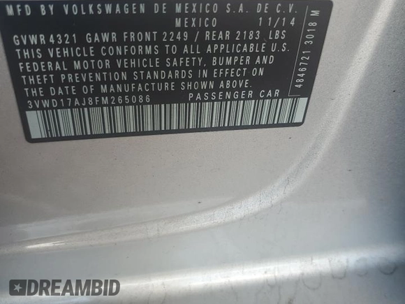 2015 Volkswagen Jetta SE with VIN 3VWD17AJ8FM265086, listed as a Copart auction lot 65084745 with 82,287 mi miles and Salvage title. Bid and sale history available at DreamBid. Image 12.